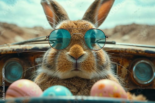 Bunny Boss - A bunny wearing sunglasses and a pair of glasses, sitting in a car with a collection of eggs and easter bunnies. Generative AI photo