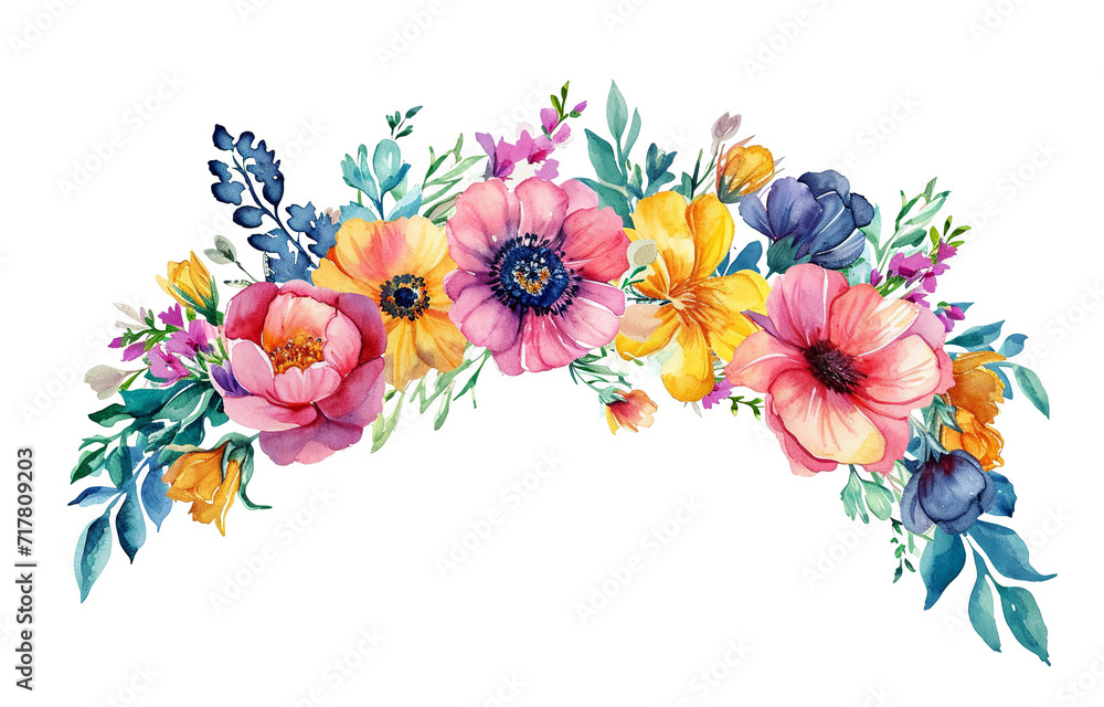 Colorful Flower Crown Front View isolated. Spring floral watercolor wreath