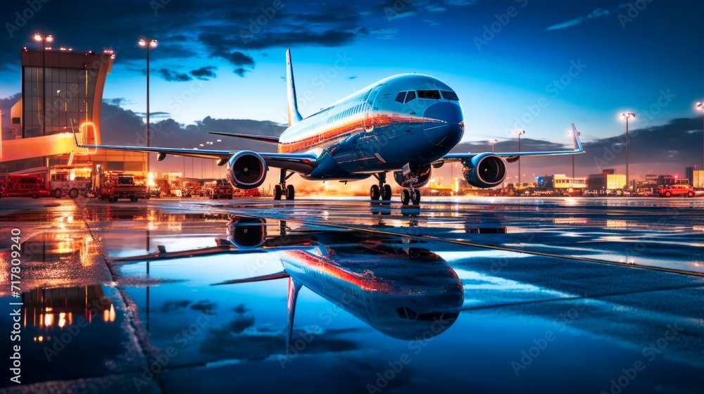 A large airplane stands on an airport runway ready for takeoff at sunset. A large airplane stands on an airport runway ready for takeoff at sunset.