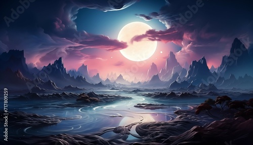Surreal Landscape Art of Moon Rise Over the Mountains 