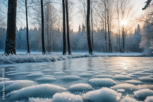 A close-up view of a frozen surface with trees in the background © Giuseppe Cammino