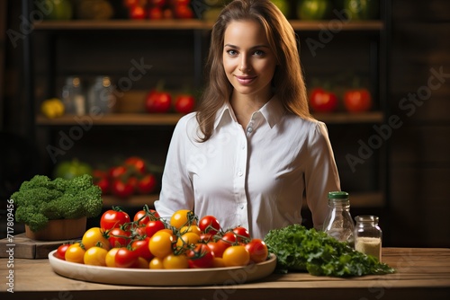 The girl nutritionist sits at the table near various vegetables.