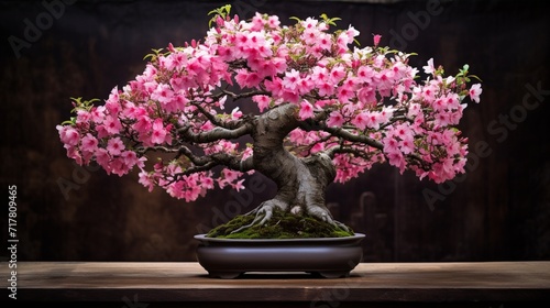 A bonsai tree artistically positioned against a backdrop of greenery, with Cherry Blossom flowers creating a focal point of color and beauty.