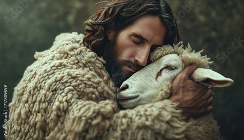 jesus holds a sheep in his arms