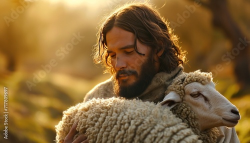 jesus holds a sheep from his back