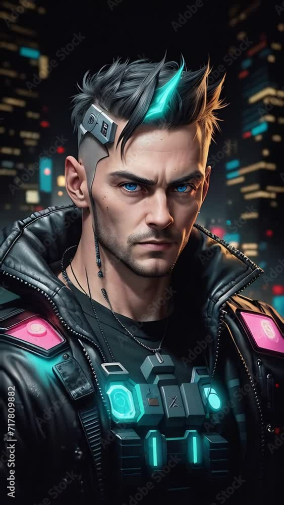 futuristic close up portrait of cyberpunk man against background of night city. vertical. futuristic close up portrait of cyberpunk man against background of night city. vertical.