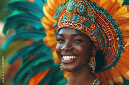 latin woman in feather headdress happy © olegganko