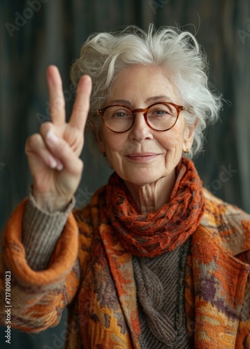 senior woman in glasses making a peace sign with a peace sign woman