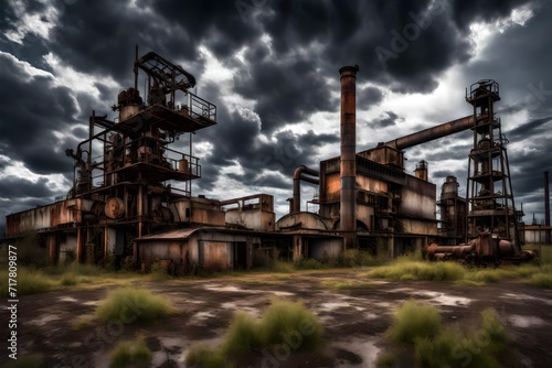  Abandoned industrial area with rusty machinery under a stormy sky