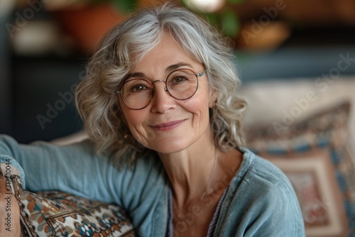 older woman smiling on a sofa with glasses older woman