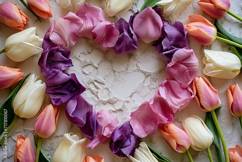 heart shape of petals with pink and purple tulips in the middle