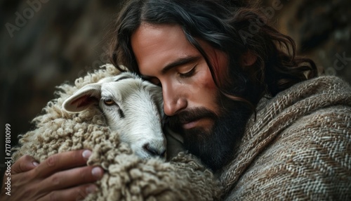 jesus holds a sheep in his arms