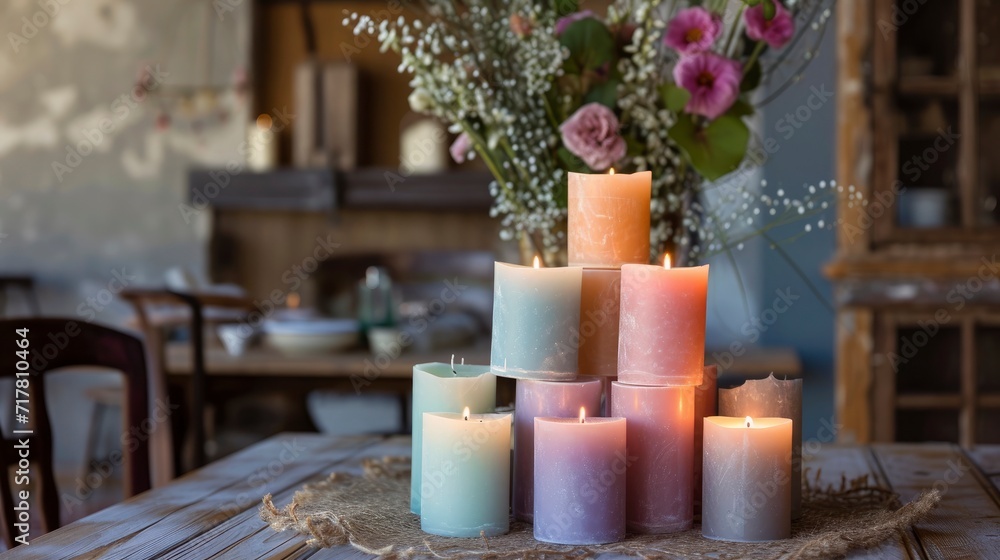 A set of mismatched stacking candles, their uneven heights and playful colors creating a whimsical centerpiece on a rustic dining table,