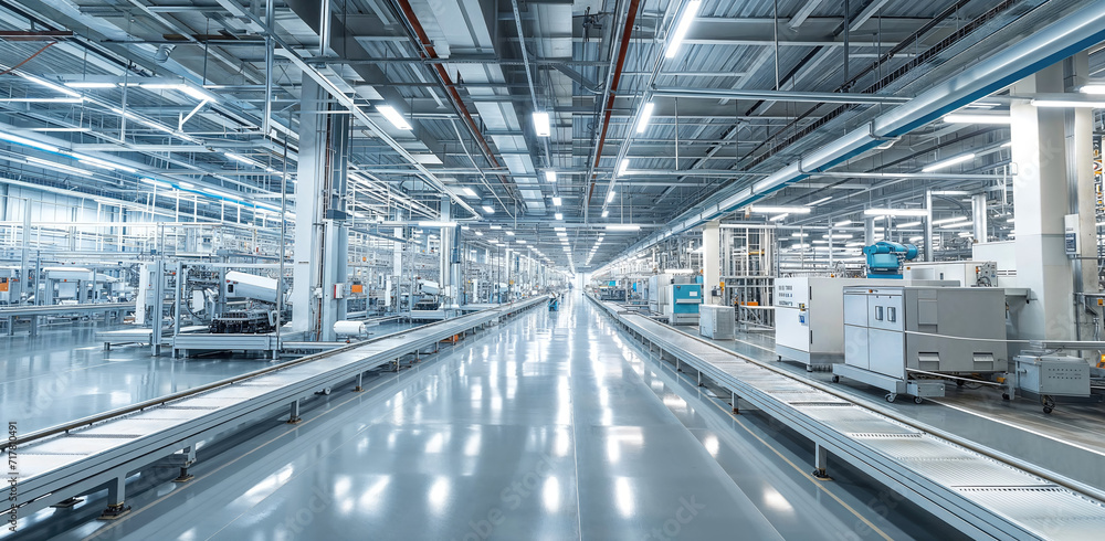 A wide-angle view of a modern, bright, and spacious industrial factory with machinery and a yellow guided pathway. A wide-angle view of a modern, bright, and spacious industrial factory with machinery and a yellow guided pathway.