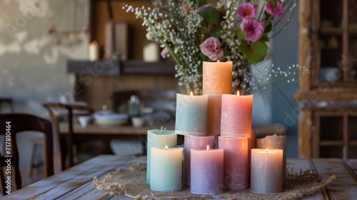 A set of mismatched stacking candles, their uneven heights and playful colors creating a whimsical centerpiece on a rustic dining table,
