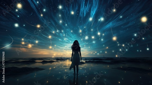 A woman gazing into a starry night sky with radiant light trails over the sea. photo