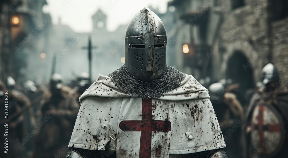 medieval knight in armor wearing cross in urban background medieval knight in armor wearing cross in urban background