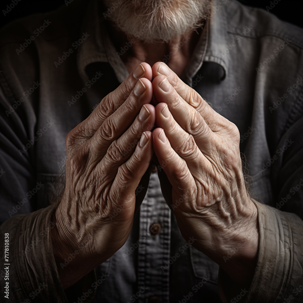 Close-up image of old man's palms fingers connected together praying in ...