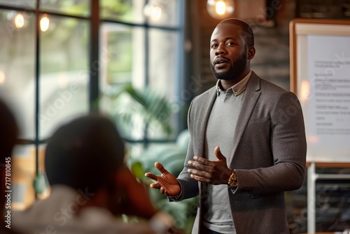 An engaging African American man delivers a dynamic corporate presentation. Captivating his audience, he shares insights within a professional boardroom setting, Generative AI photo