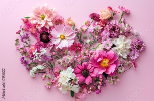 flowers arranged into the shape of a heart on a pink background