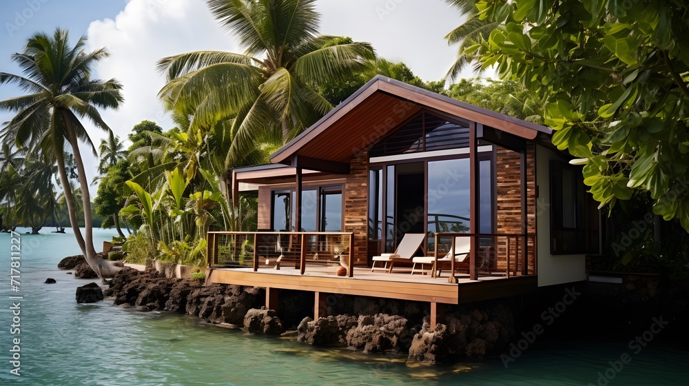 Tropical water villa bungalow and wooden bridge over the turquoise water sea for summer vacations and holiday concept. Tropical water villa bungalow and wooden bridge over the turquoise water sea for summer vacations and holiday concept.
