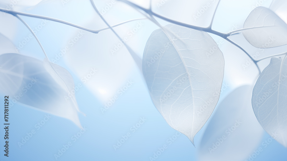 Fototapeta premium White leaves on blue background, soft focus. Nature abstract background.