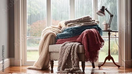 A stack of thick woolen throws, draped over a cozy armchair, inviting snuggles on a rainy day, photo