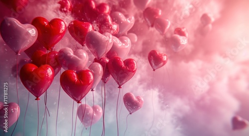 many red and pink heart balloons are floating in the cloud