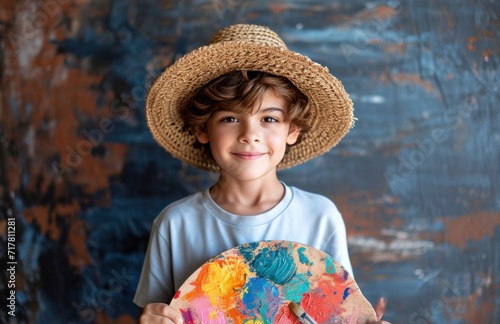 little hatwearing boy holding a palette while holding his painting tools