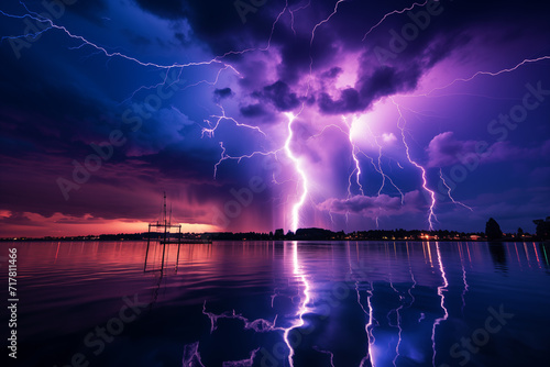 Lightning in the sky over the lake at sunset. Nature background