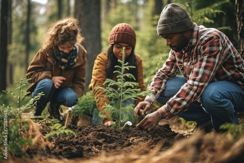 A diverse family honors a loved one's memory by jointly planting a tree in a serene forest, symbolizing life, love, and legacy, Generative AI