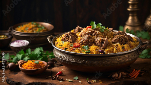 flavor with a captivating side view of a steaming plate of lamb biryani fragrant rice, succulent lamb pieces, and vibrant spices are beautifully presented on a wooden table