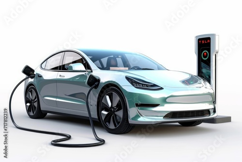 Modern electric vehicle (EV) plugged into a charging station, showcasing advanced green technology, isolated on a white background, Generative AI