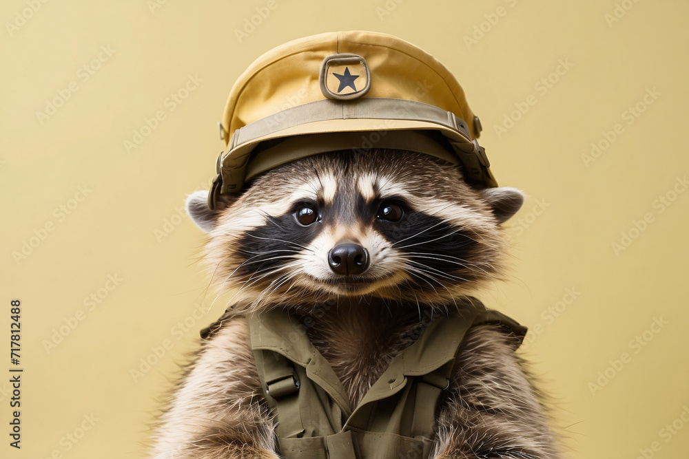 raccoon wearing a hat on a yellow background