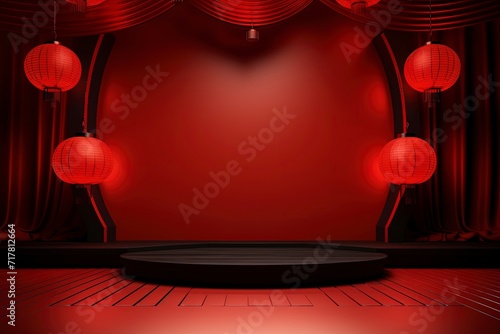 empty stage and lanterns with red background 3d rendering with generative ai