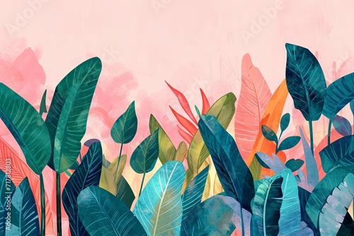 Light illustration of Individual standing rare tropical plants such as monstera, bird of paradise, calathea, and pothos with a pink sky.  photo