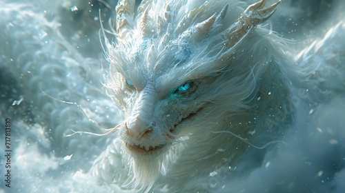 Fantasy Creature with Blue Eyes and White Hair: A Magical Mermaid or Dragon? Generative AI