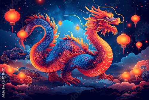 Chinese New Year Celebration  A Colorful Dragon Surrounded by Clouds and Fireworks Generative AI