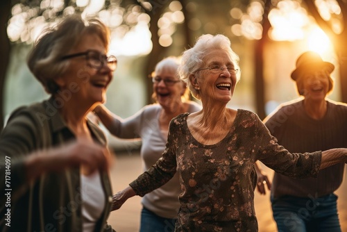 Candid capture of a joyful group of seniors showing vitality while dancing, highlights companionship and active lifestyle in retirement, reflecting the spirit of elderly, Generative AI