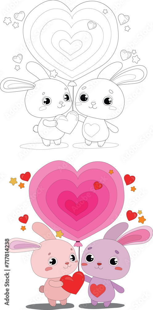 Cute colorful cartoon bunny with hearts and balloon graphic sketch template set. Valentine's day bright vector illustration in color and black and white for games. Coloring paper, page, story book Cute colorful cartoon bunny with hearts and balloon graphic sketch template set. Valentine's day bright vector illustration in color and black and white for games. Coloring paper, page, story book