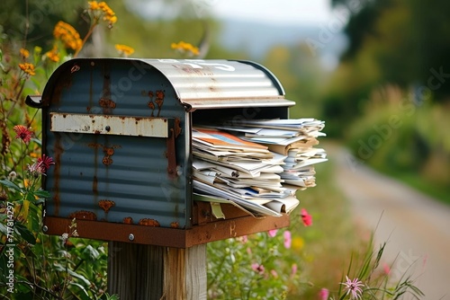 A rural mailbox is overflowing with an assortment of mail, including letters, bills, and various types of unsolicited mail, indicating either neglect or a busy recipient, Generative AI photo