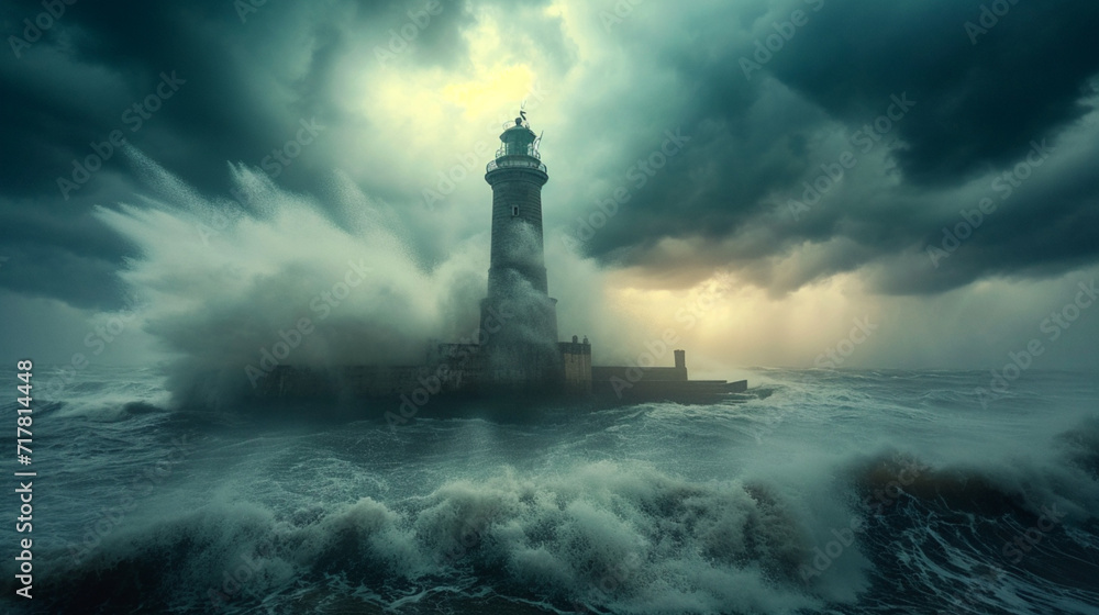 A historic lighthouse standing tall on a rugged coastline, battered by waves during a stormy evening. Captured with a wide-angle lens for a dramatic and immersive composition.