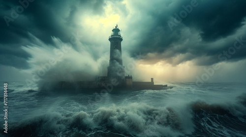A historic lighthouse standing tall on a rugged coastline, battered by waves during a stormy evening. Captured with a wide-angle lens for a dramatic and immersive composition. © AI ARTS