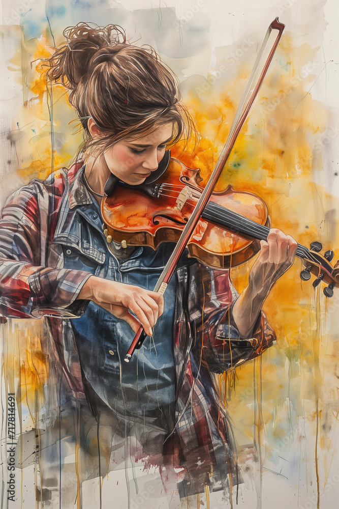 A woman playing violin, beautiful abstract painting. Grunge style