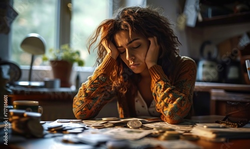 A worried young woman sits at a desk stacked with unpaid bills, her head in her hands. The chaos conveys her financial stress as a Gen Z navigating debt and economic, Generative AI photo