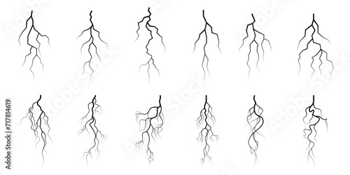 Vector lightning silhouettes set. Thunderstorm design. Vector illustration
