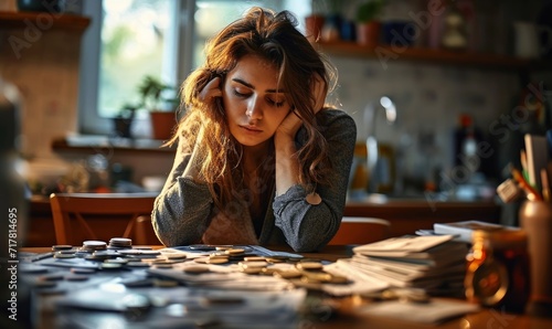 A worried young woman sits at a desk stacked with unpaid bills, her head in her hands. The chaos conveys her financial stress as a Gen Z navigating debt and economic, Generative AI photo