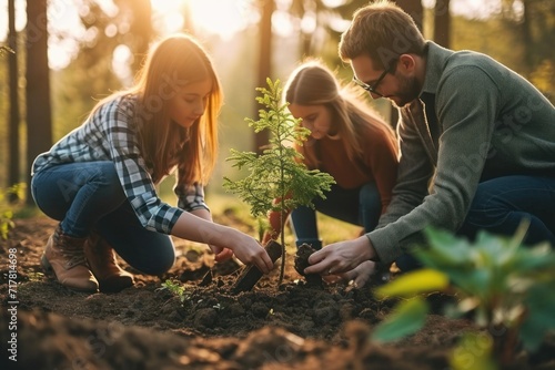 A diverse family honors a loved one's memory by jointly planting a tree in a serene forest, symbolizing life, love, and legacy, Generative AI photo