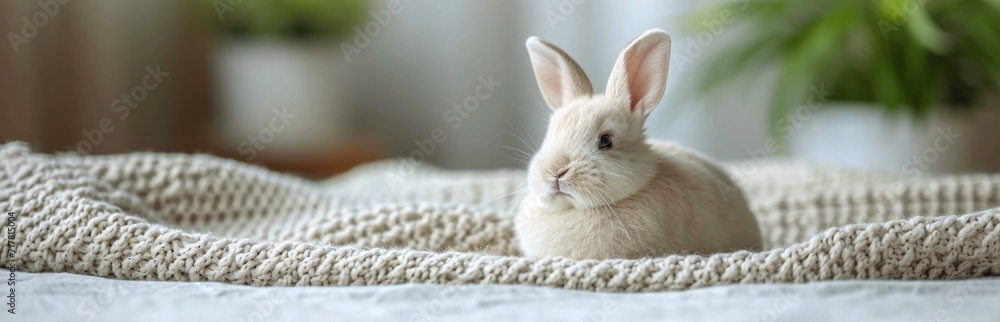 Bunny Boom: Cuddly White Rabbit in a Knitted Blanket Generative AI - obrazy, fototapety, plakaty 