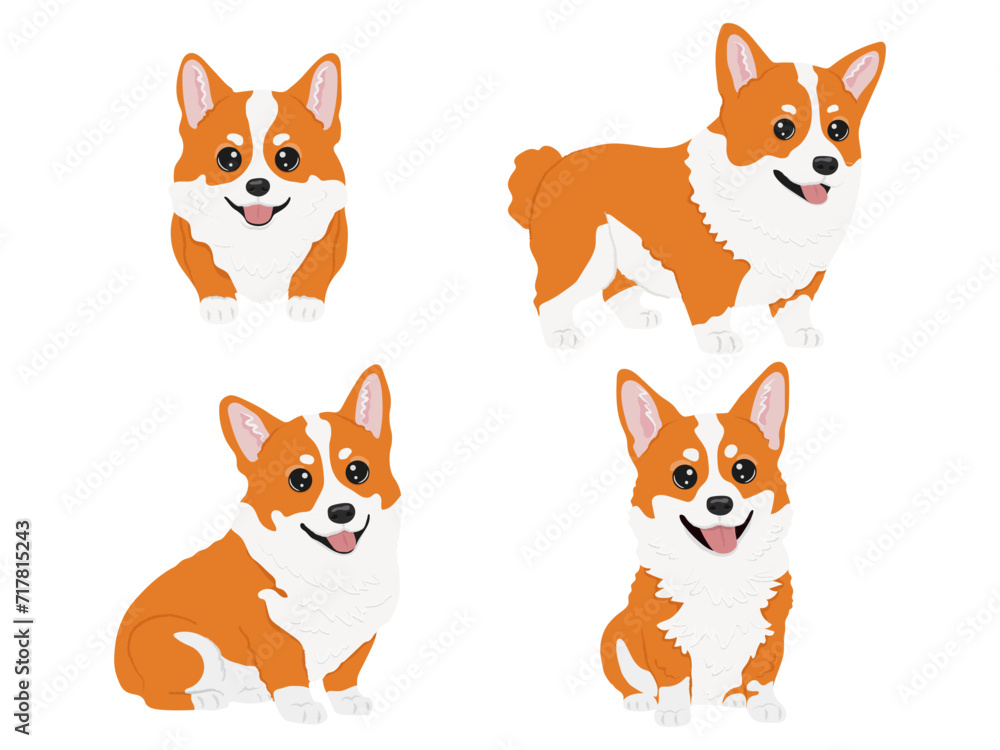 Set of welsh corgi in cartoon  style. Collection of dog characters, flat illustration for design, decor, print, stickers, posters. Vector illustration isolated on a white background.